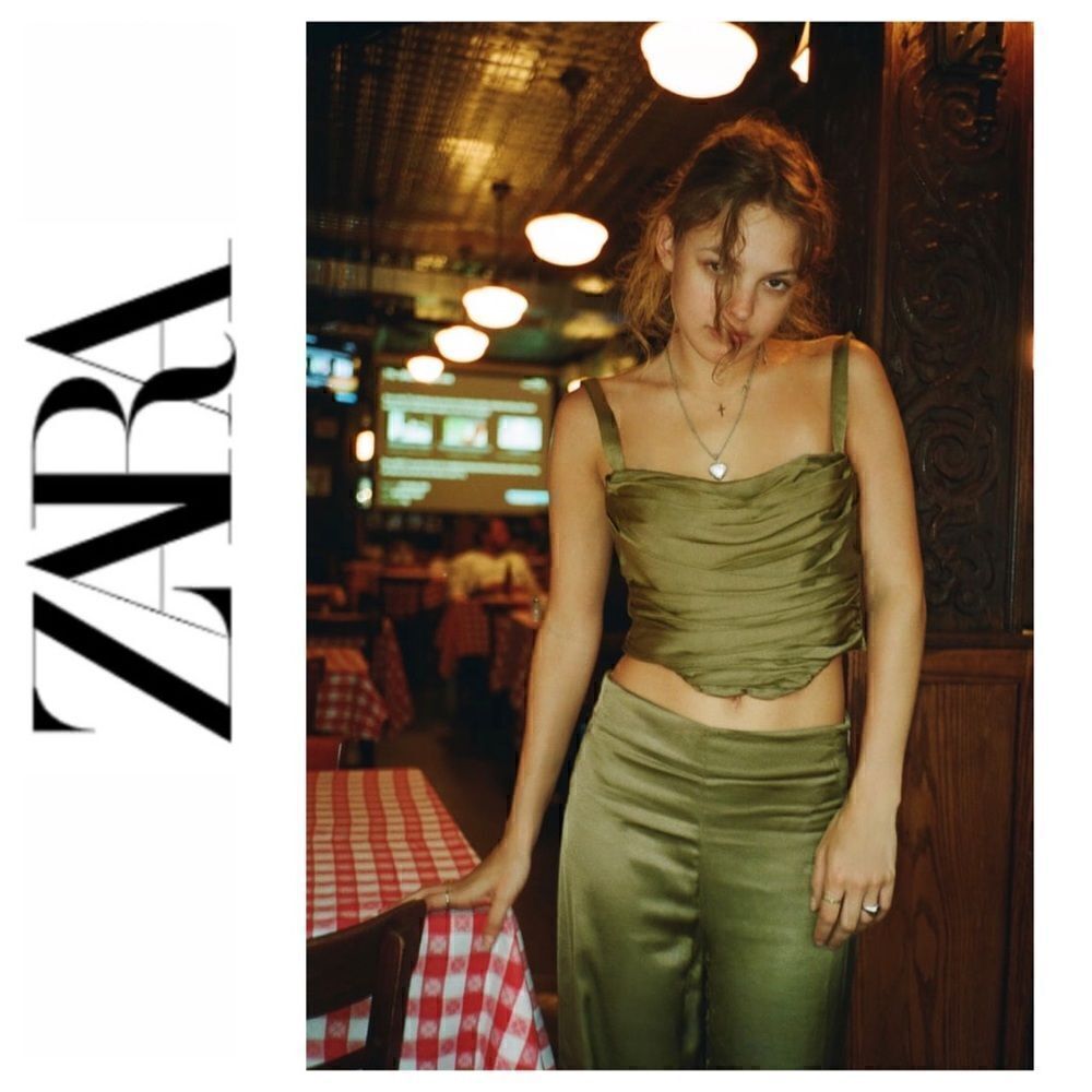 NWT Zara Blogger’s Favorite Green Satin Effect Ruched Draped Corset Top, Size XS